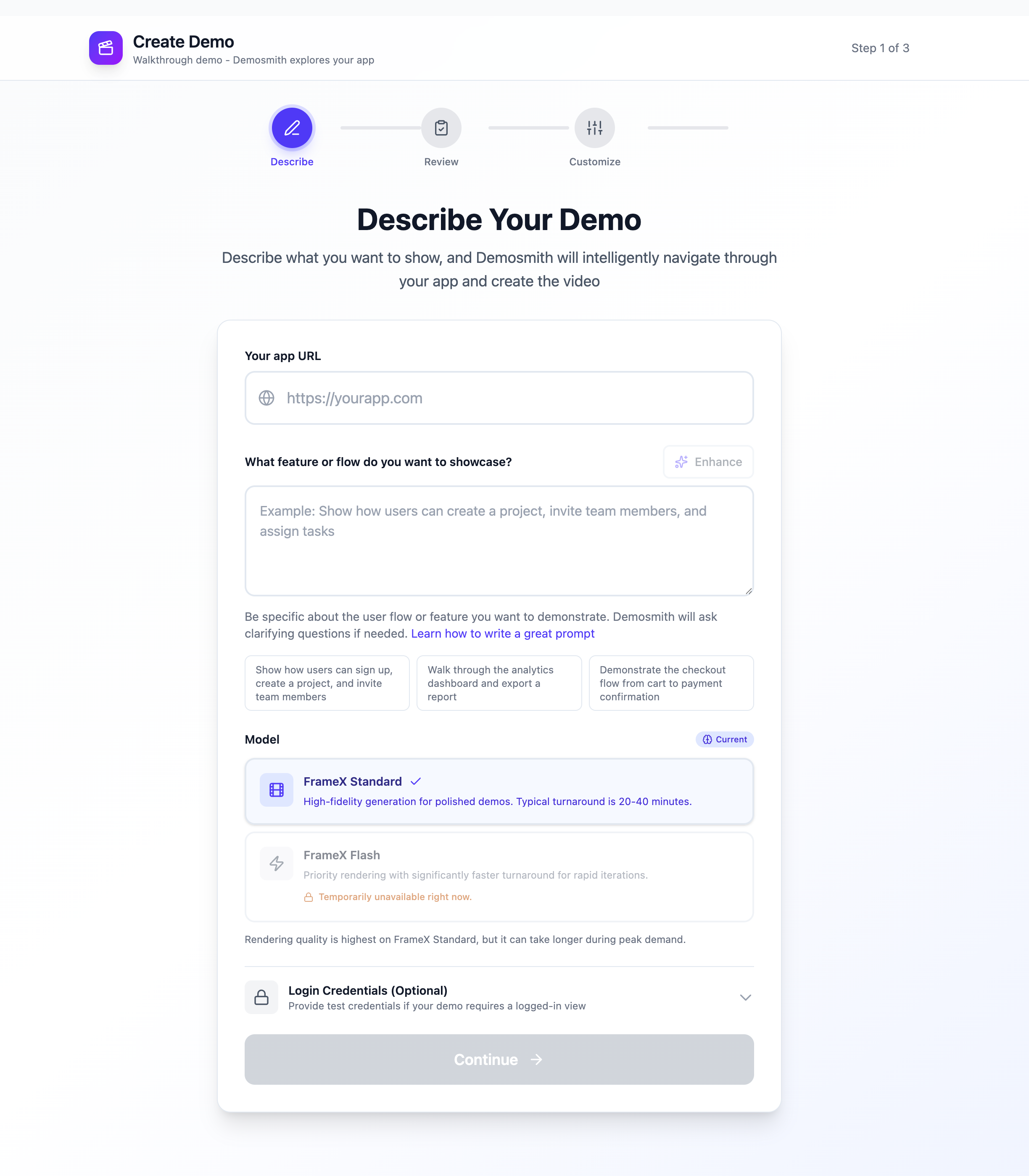 Demosmith Create Demo page where you enter your app URL and describe the flow you want to showcase