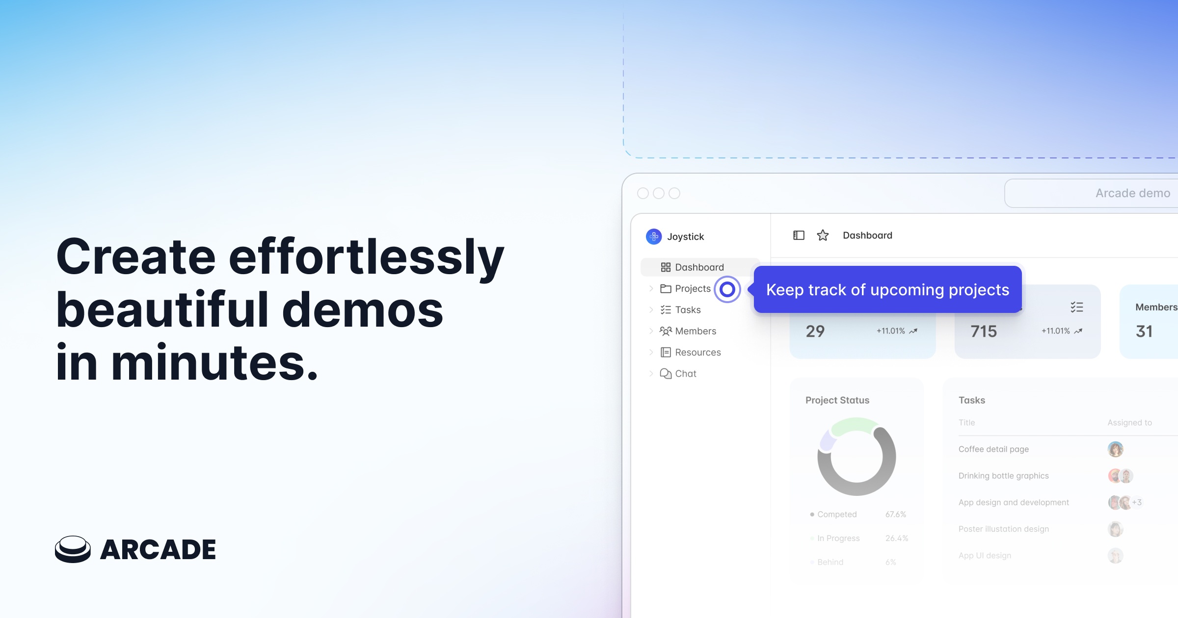 Arcade product dashboard showing demo management workspace with project library