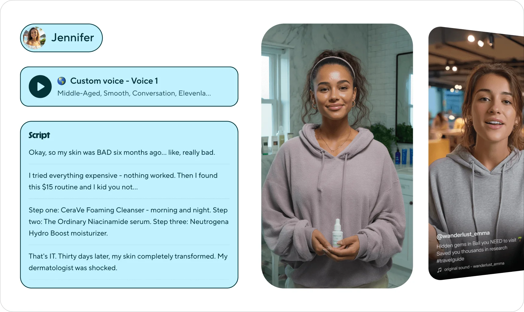 HeyGen's editor with an AI avatar, a chosen voice and a script beside the rendered presenter video