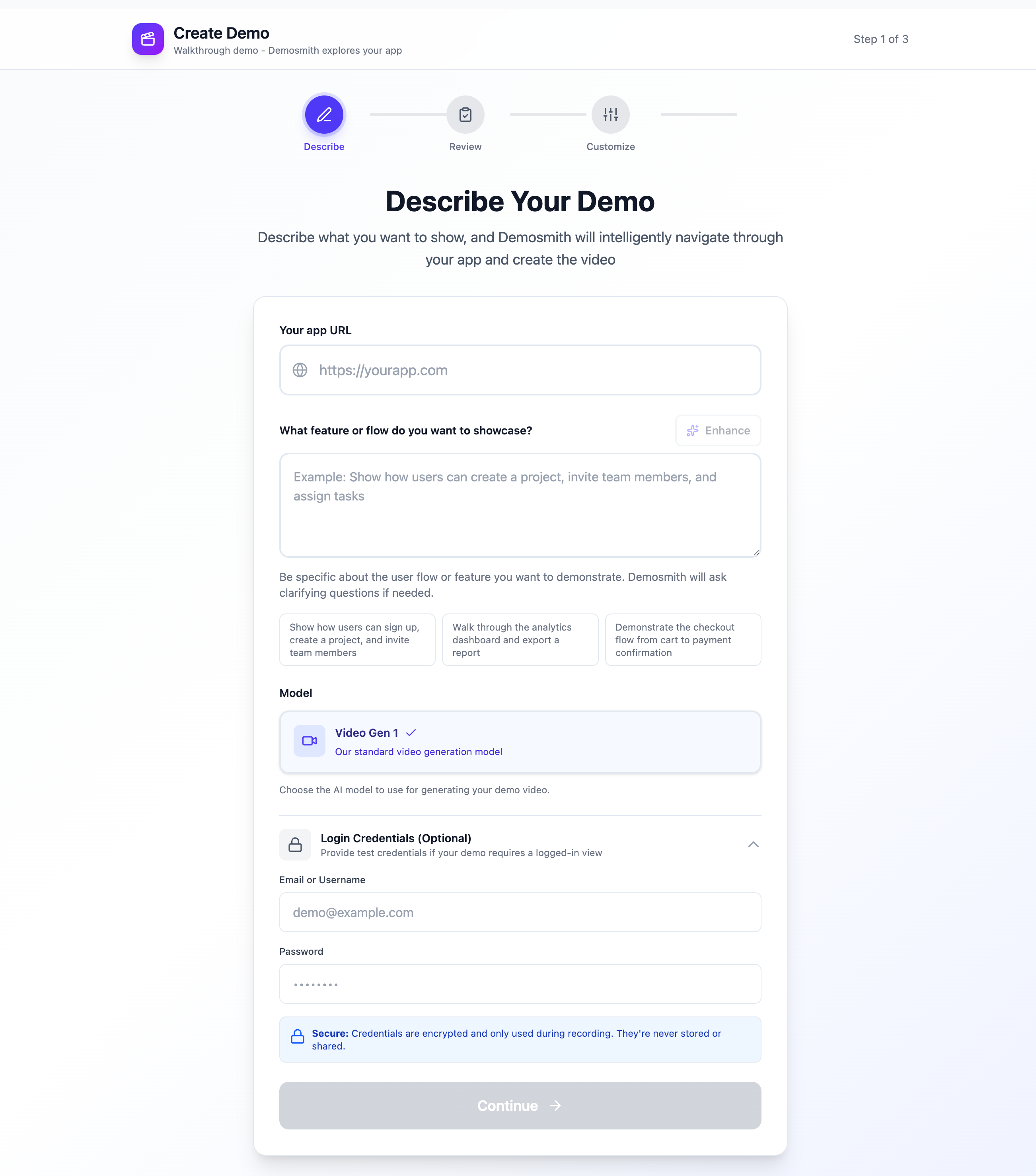 Demosmith create demo form: URL field, prompt field with Enhance button, and Login Credentials section
