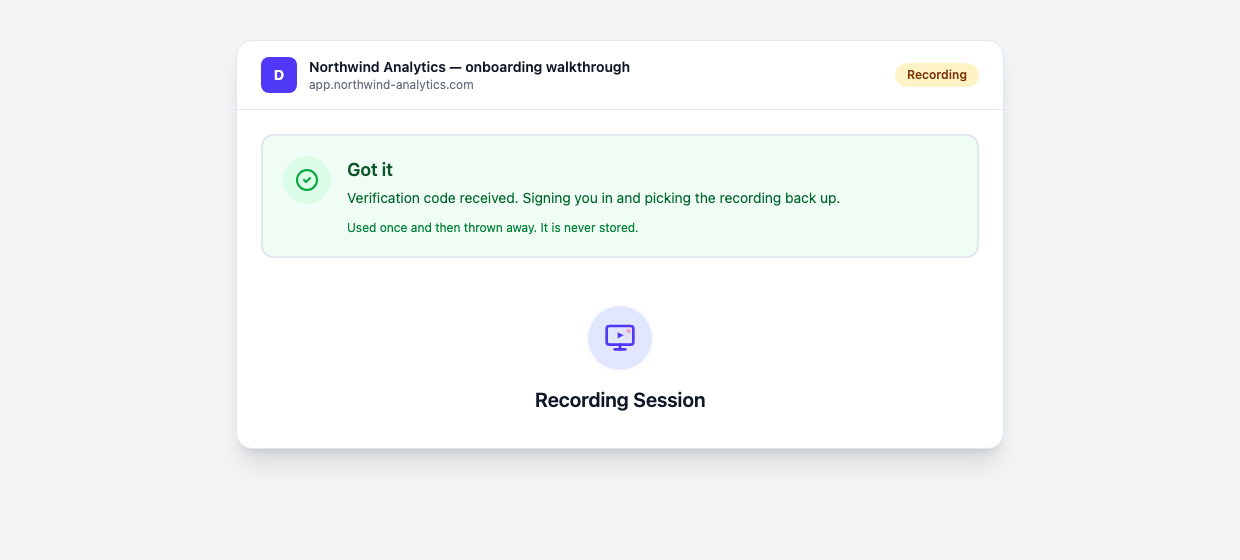 After the answer arrives, the run signs in and picks the recording back up