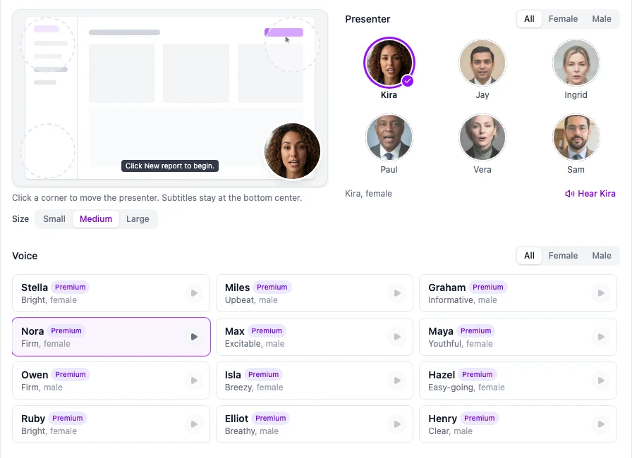 Turning on the AI presenter in Demosmith: a small video preview to pick the corner, six presenters, presenter voices