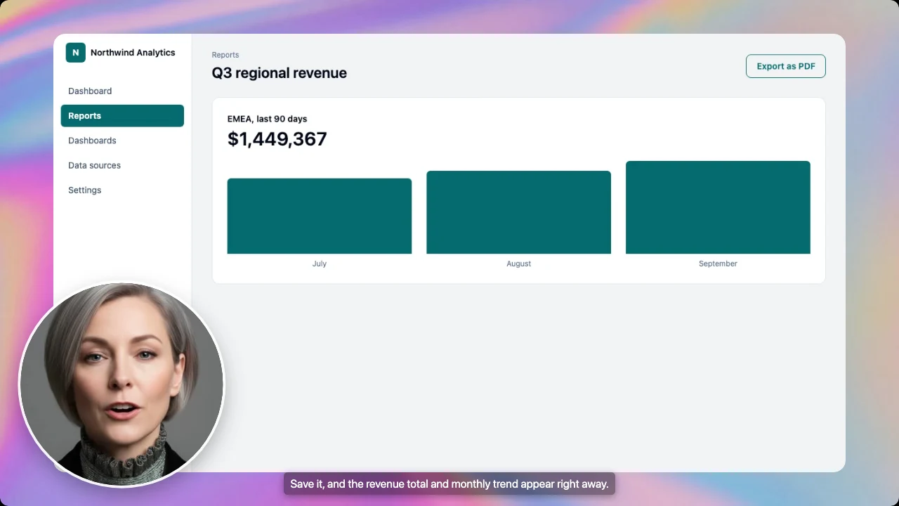 A large AI presenter in the bottom left corner of a product demo video beside a quarterly revenue report