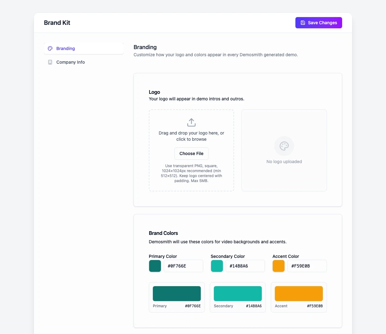 Demosmith Brand Kit page with a logo upload area and brand colors