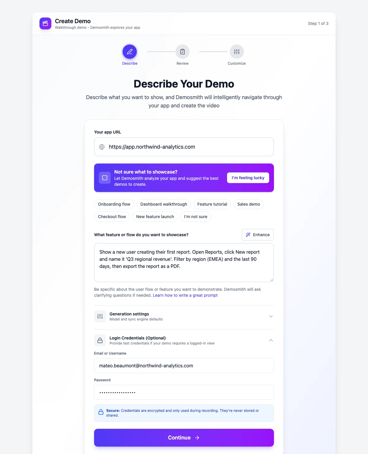 Demosmith Create page with a product URL, a report flow, and test-account login details filled in