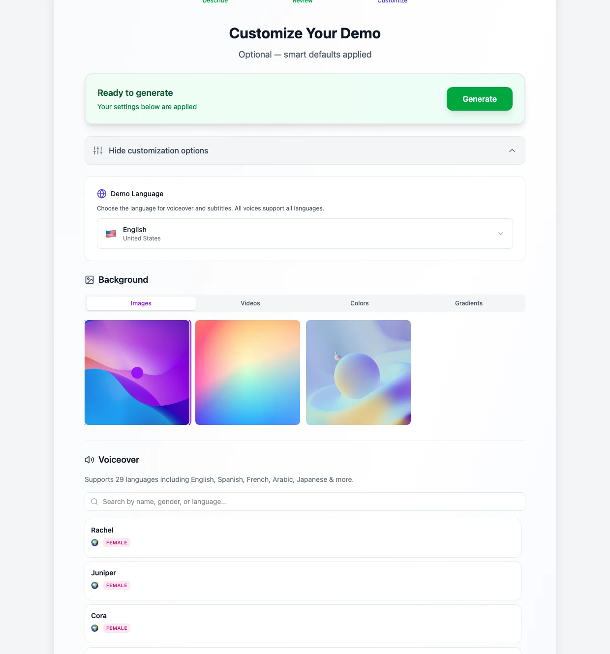 Demosmith Customize step with demo language, background, and voiceover options