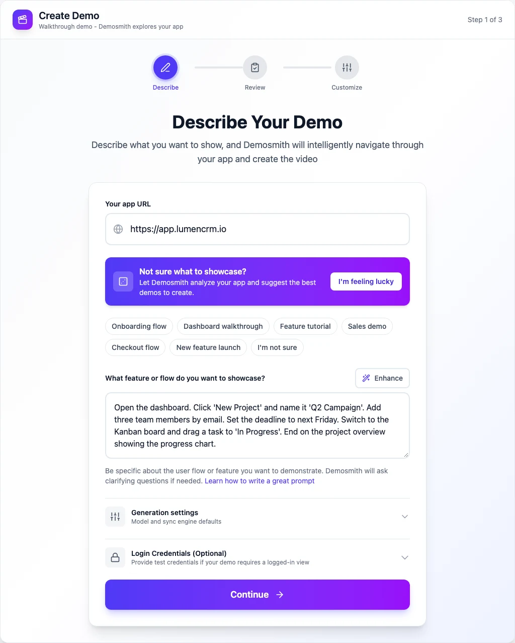 Demosmith Create page with the Q2 Campaign walkthrough brief entered as the prompt