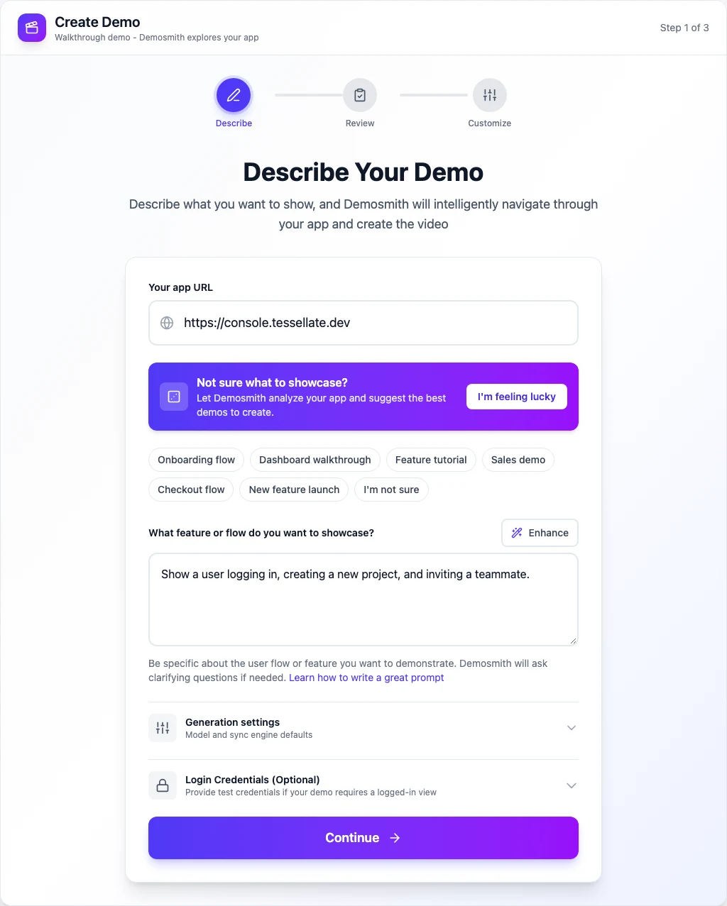 Demosmith Create page with a short prompt: log in, create a project, invite a teammate