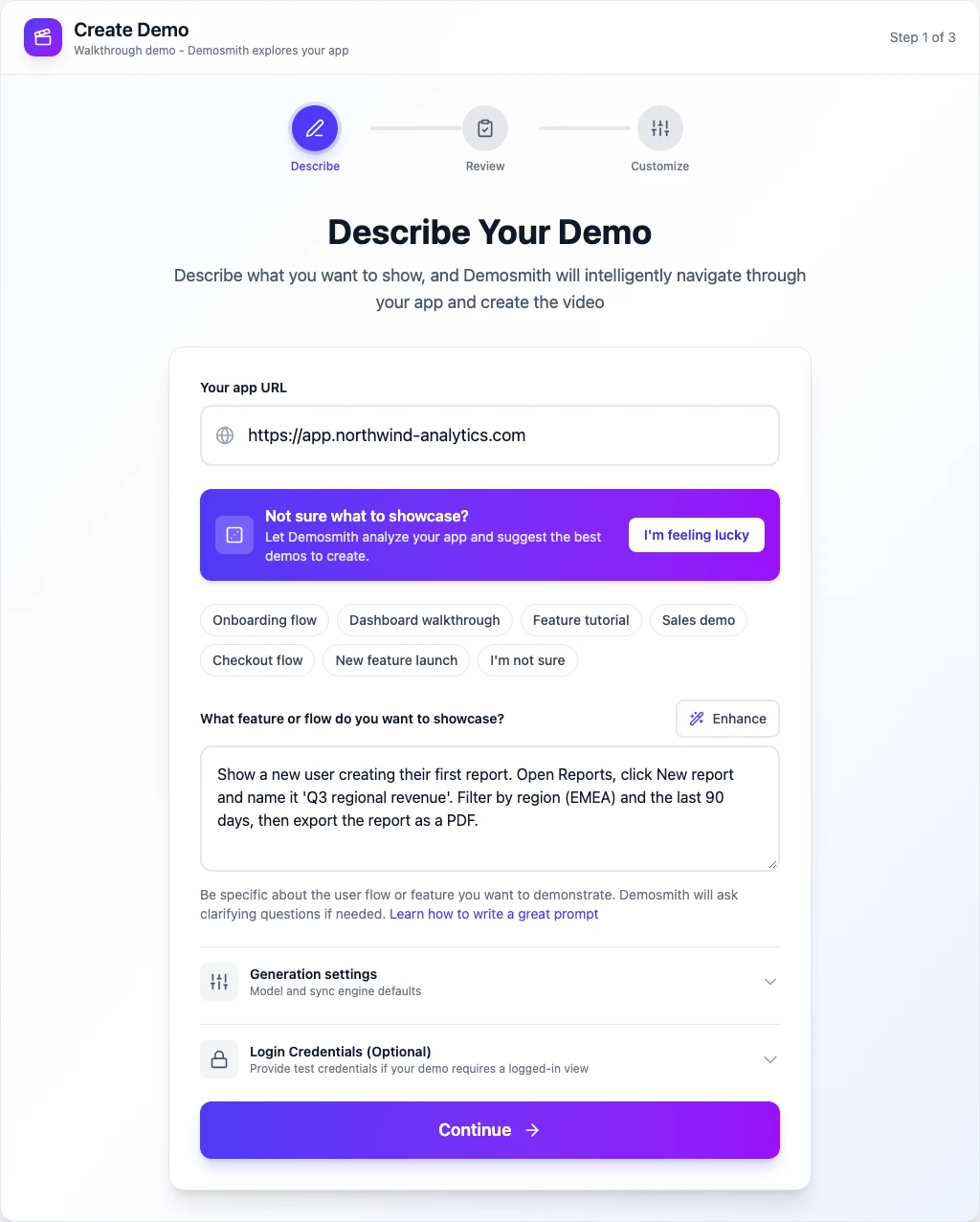 Demosmith Create page with a product URL and a plain-language flow description
