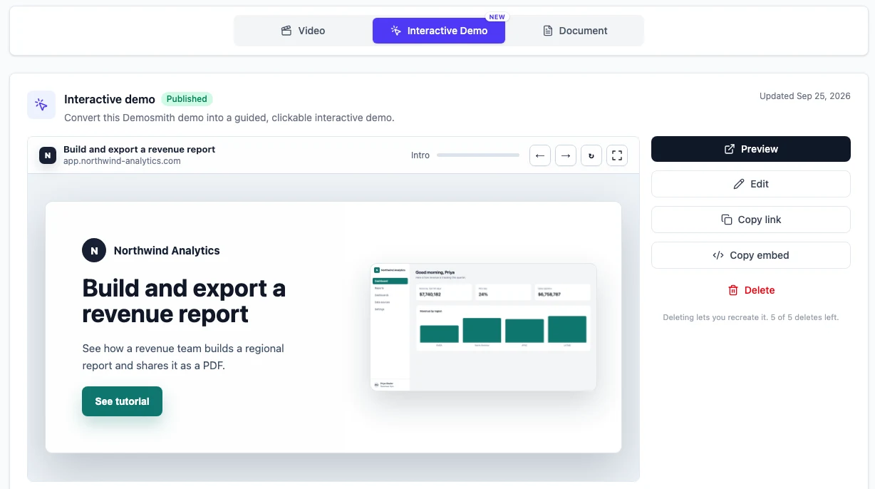 Demosmith demo page with Video, Interactive Demo and Document tabs, showing a published interactive demo