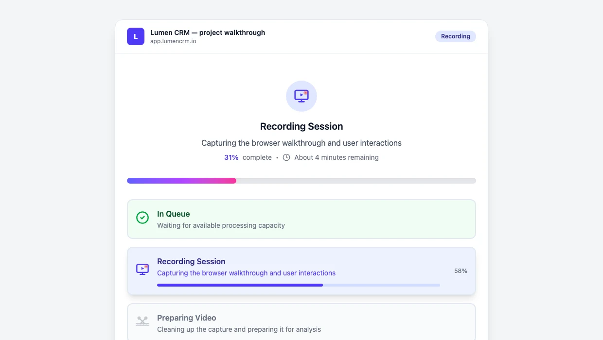 Demosmith demo page showing the recording stage in progress