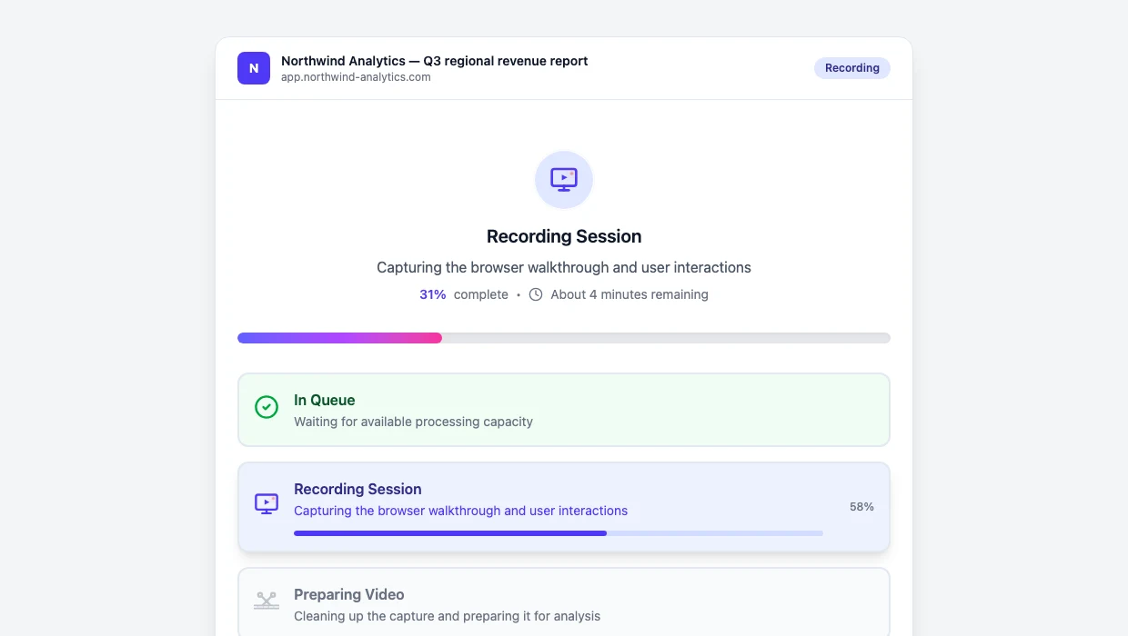 Demosmith demo page showing live progress while the agent records the product