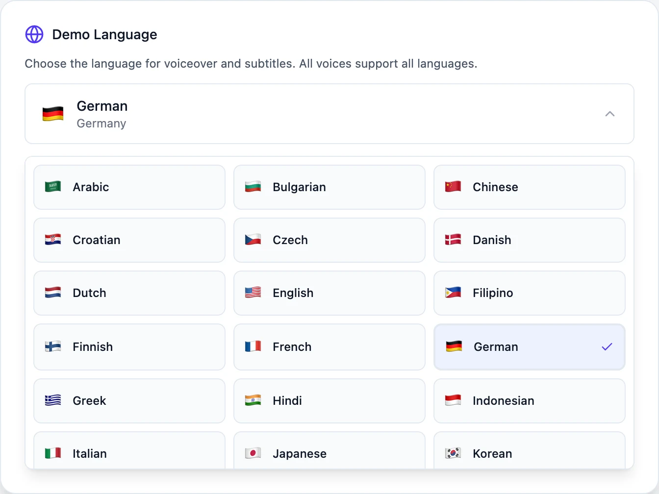 Demosmith Demo Language picker open with German selected