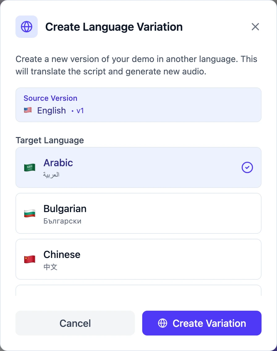 Demosmith's Create Language Variation window, translating an English demo into Arabic