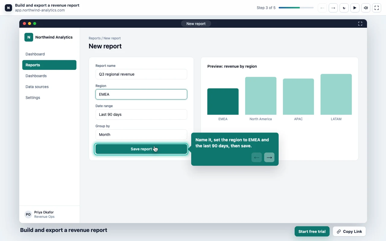 A Demosmith interactive demo mid-tour: step 3 of 5, with the Save report button highlighted and a tooltip explaining the step