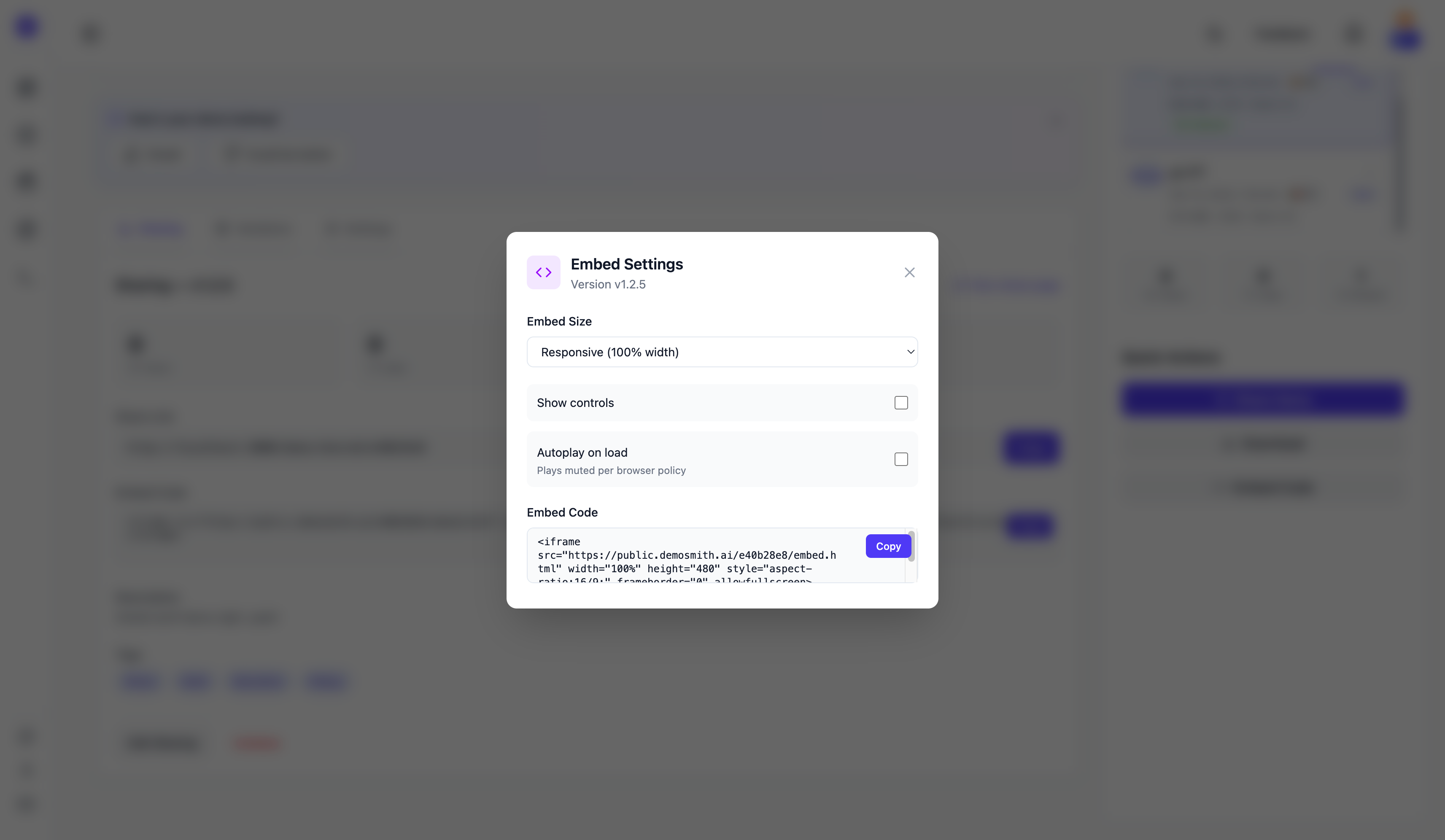 Demosmith Embed Settings modal showing size, controls, and autoplay options