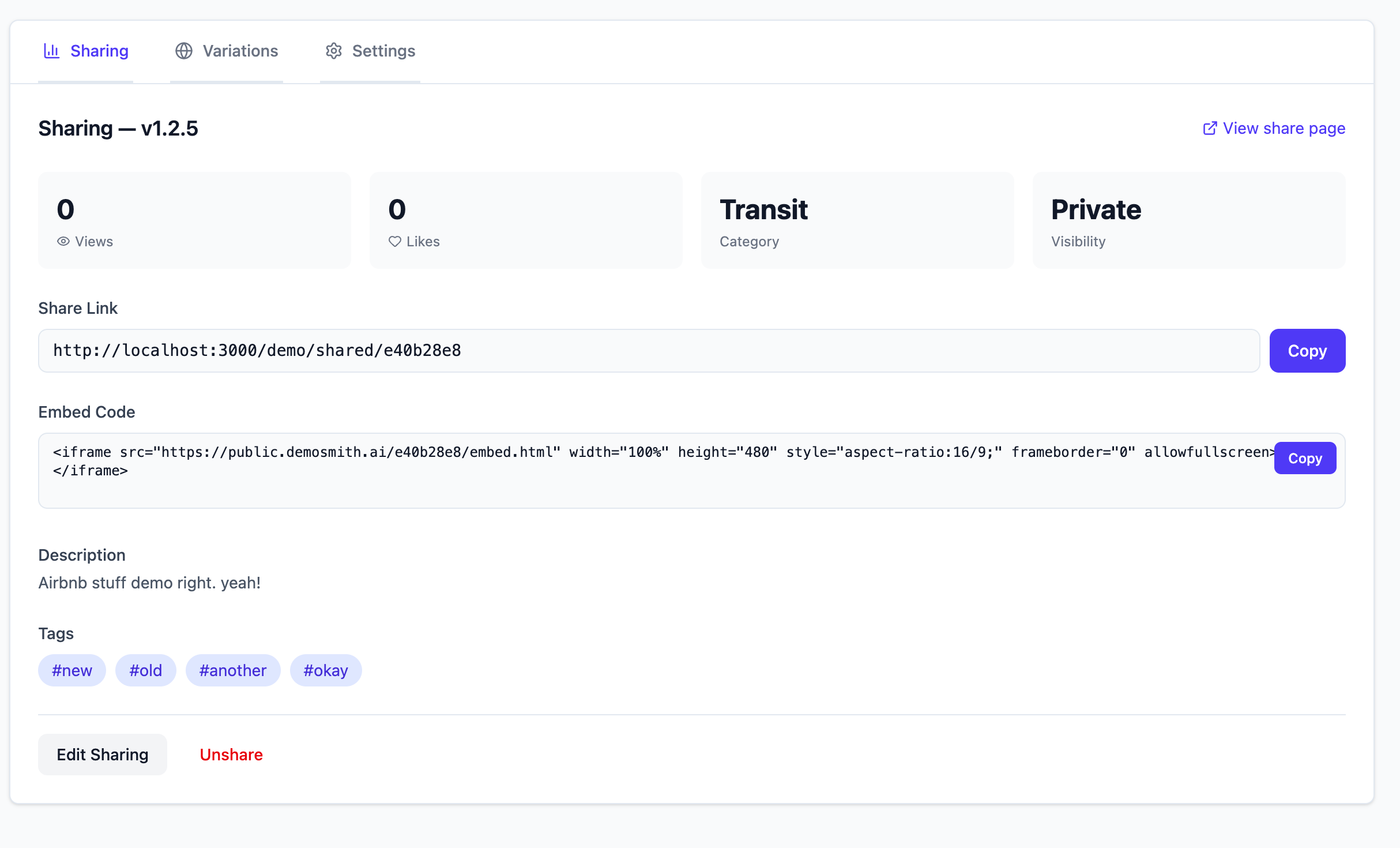 Demosmith Sharing tab showing the share link and embed code with a Copy button