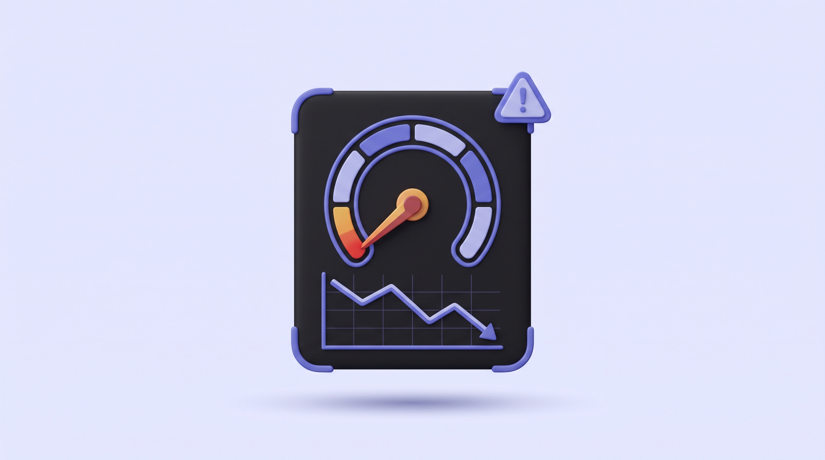 Customer health dashboard with a gauge in the red zone and a downward trend, flagging renewal risk