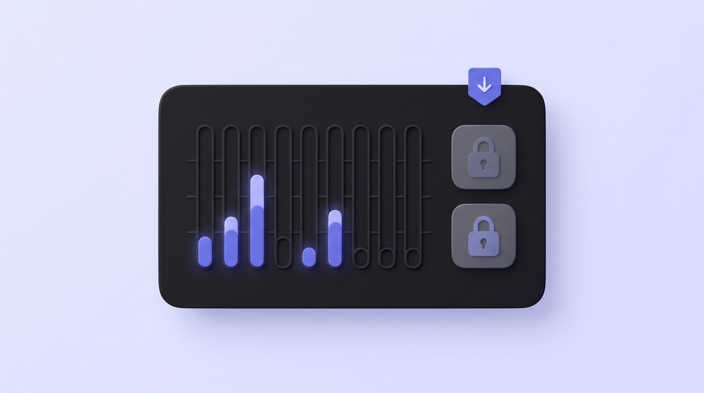 Feature usage bar chart with mostly empty bars and locked feature tiles, showing low product adoption